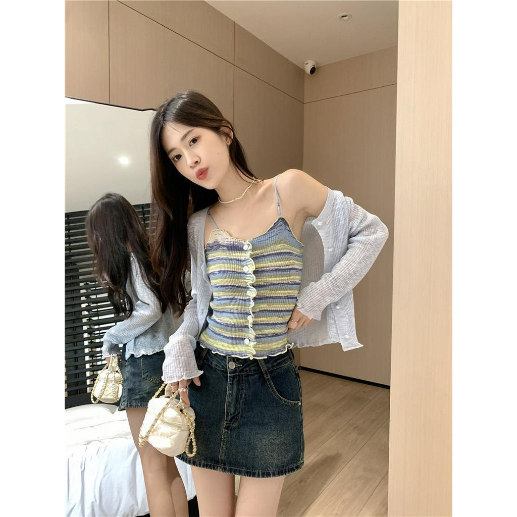 63601 Mùa Hè Phong Cách Mới Áo Nịt Hai Dây Sọc Đầy Màu Sắc