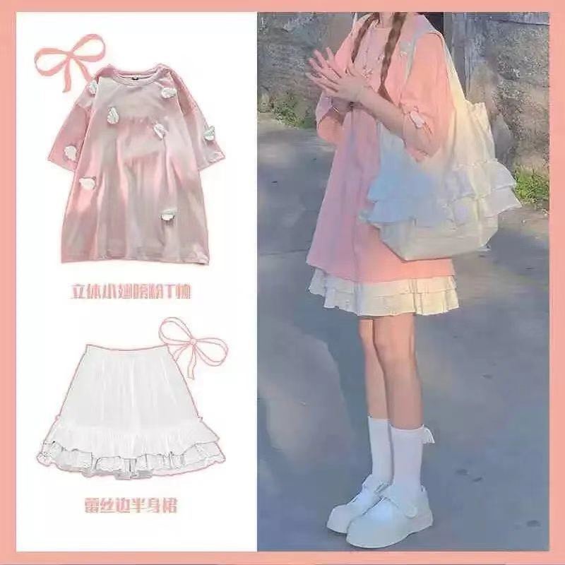 Set Áo Thun Hồng Dáng Rộng + Chân Váy Tầng Dễ Thương Cho Nữ