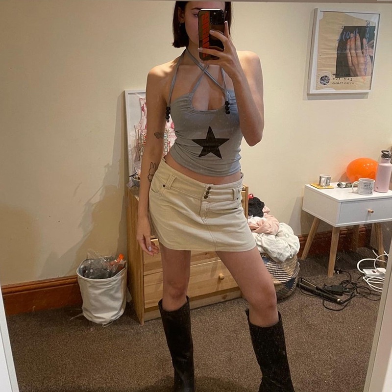 Áo Tank Top Hở Lưng Xếp Ly In Hình Ngôi Sao Thời Trang Cá Tính Cho Nữ