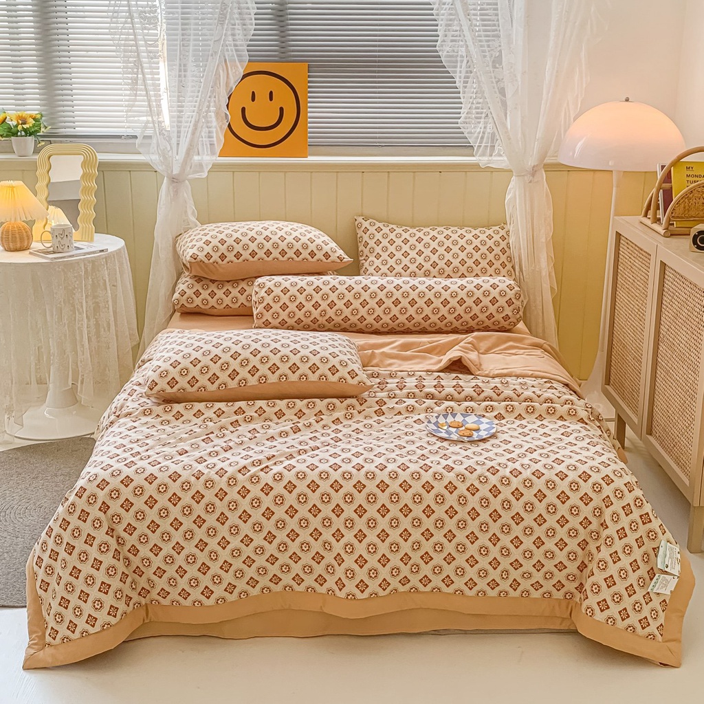 Bộ chăn ga gối Cotton Đũi 5 món kẻ caro phong cách Hàn Quốc, chăn chần nhập khẩu cao cấp miễn phí bo chun drap ga giường