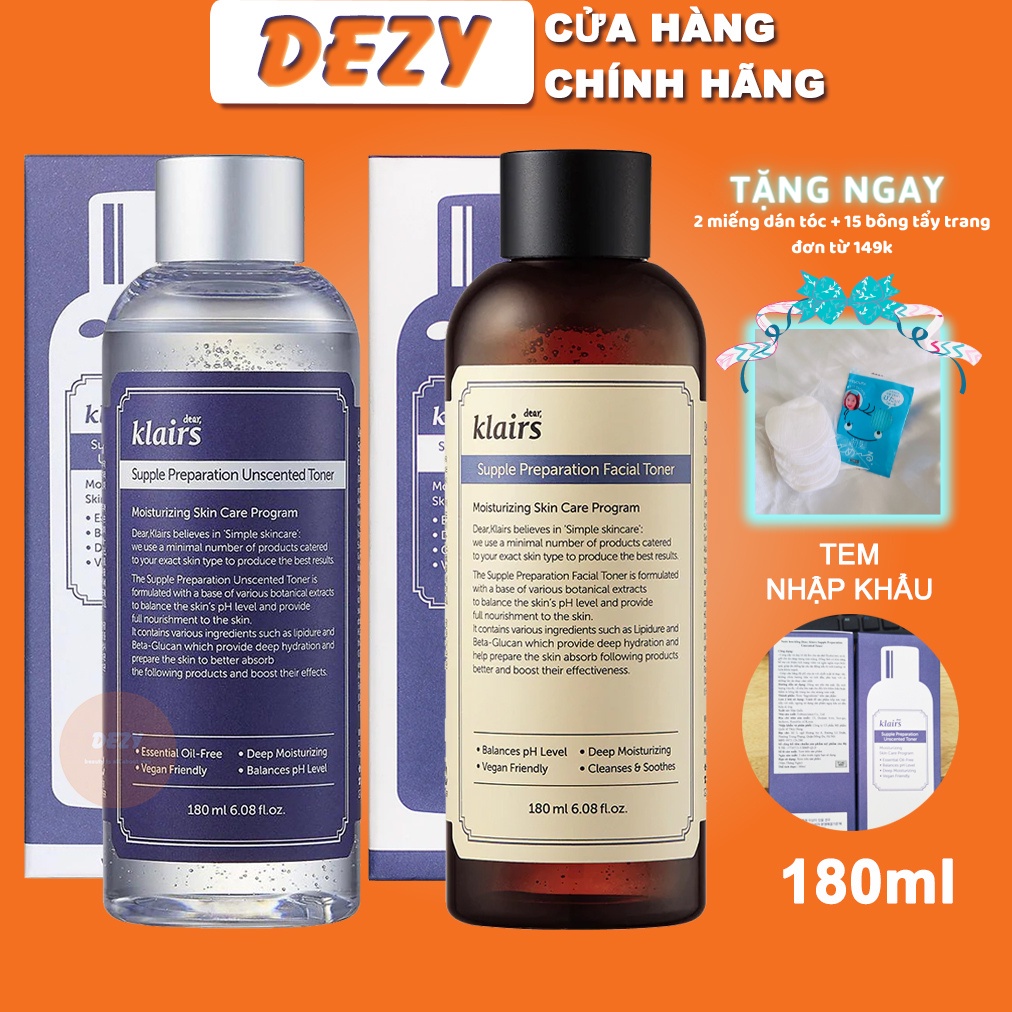 [CHÍNH HÃNG] Toner Klairs Nước Hoa Hồng Toners Không Mùi Da Dầu Da Mụn Skincare Dưỡng Ẩm Cùng Bông Tẩy Trang Dezy Shop