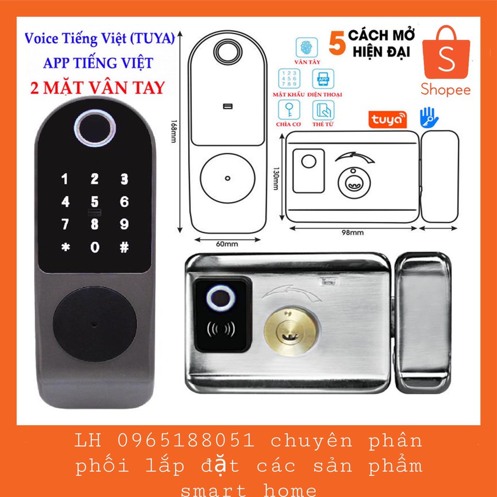 Khoá Vân Tay 2 Mặt Vân Tay Dùng App Tuya Tiếng Việt: từ xa bằng điện thoại, vân tay, mã số, thẻ từ và remote (tùy chọn)