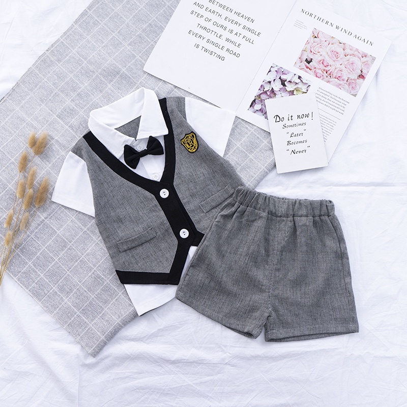 Bộ áo sơ mi 2 mảnh thắt nơ tay ngắn + quần short thời trang cho bé trai 0-5 tuổi