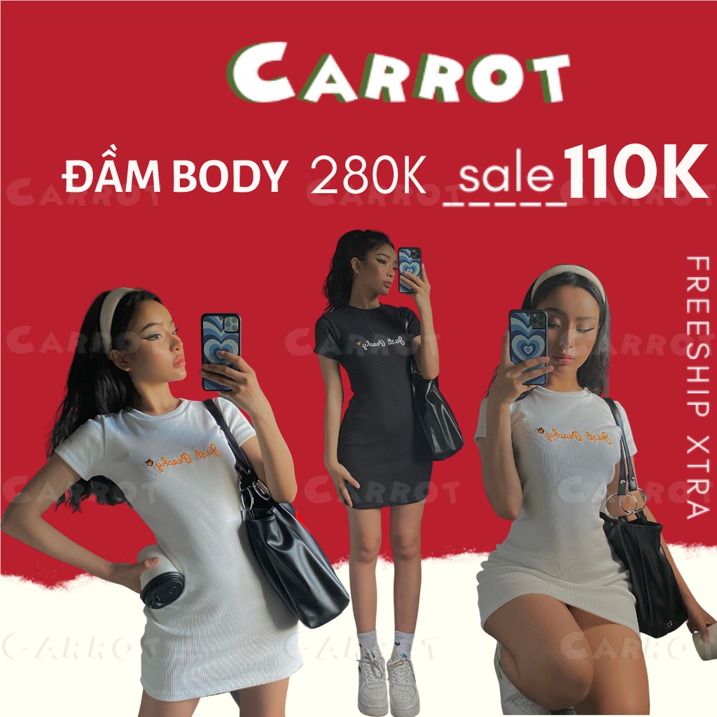 Đầm body ôm tay ngắn sexy màu đen trắng thêu chữ chất thun co giãn thiết kế năng động, trẻ trung Carrtoxinhdep