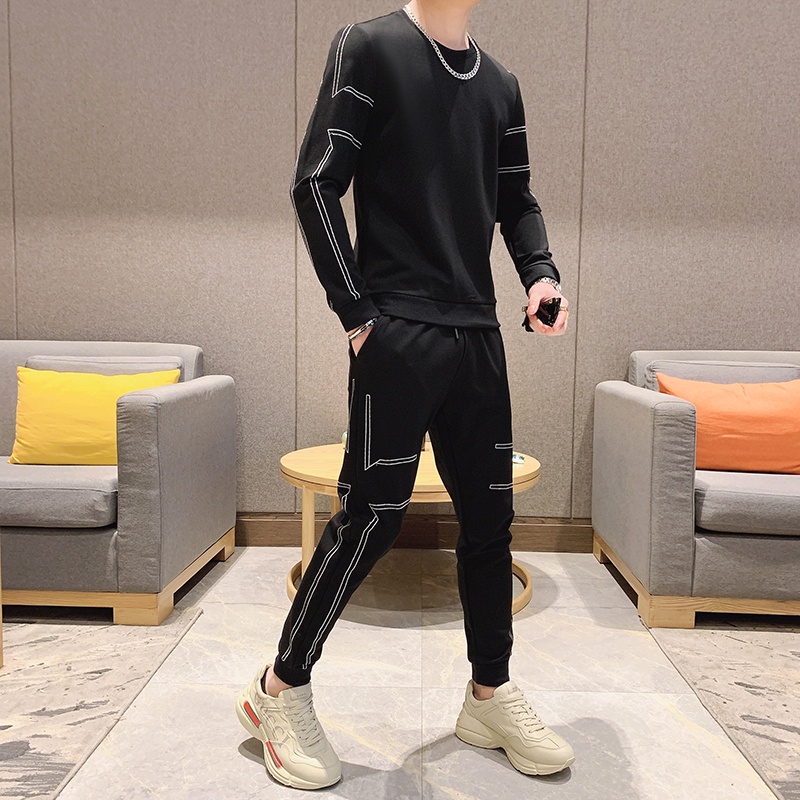 Bộ đồ thể thao Nam Hàn Quốc Áo len mỏng giản dị Cá tính Bộ hai mảnh, Nỉ Ngoại Dày Dặn Ấm Áp