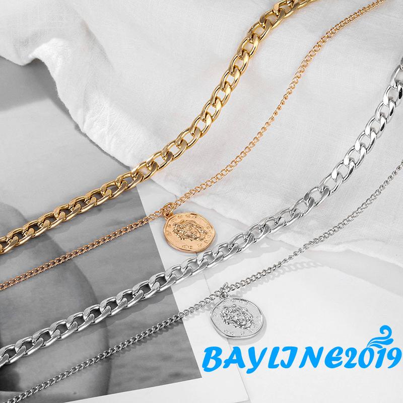 Vòng cổ Hai Lớp Mặt Hình Đồng Xu Cổ Điển Cho Nữ