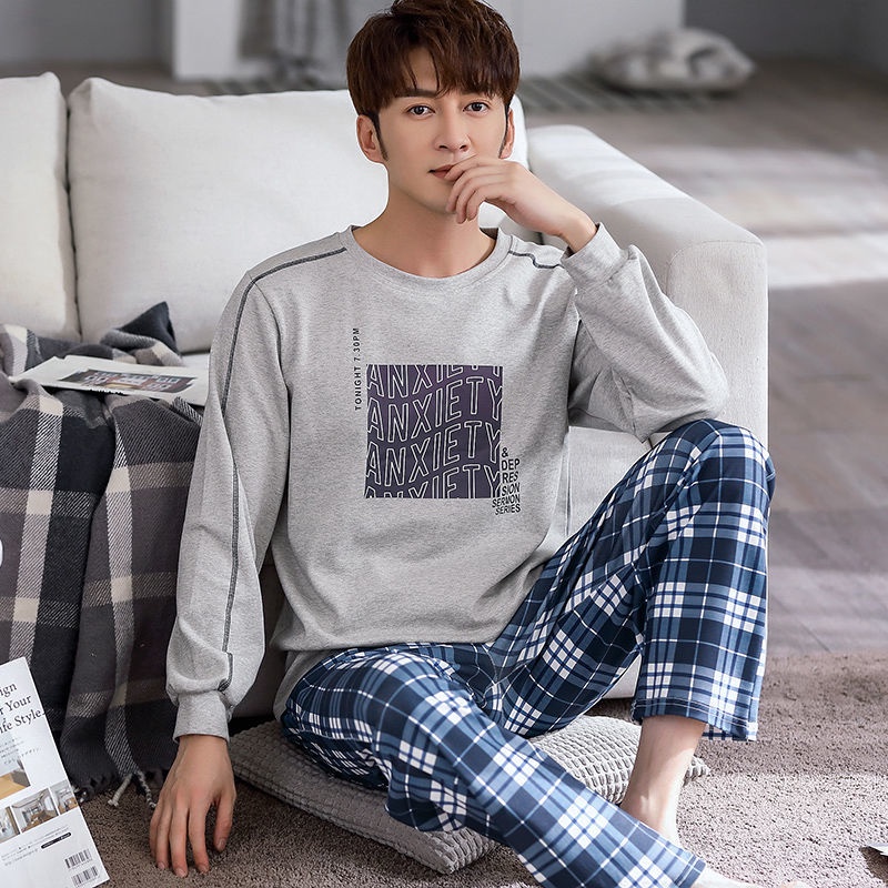 Bộ đồ ngủ tay dài chất liệu 100% cotton thời trang thu đông dành cho nam