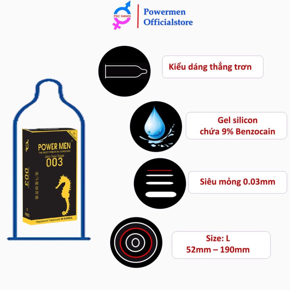 Bao cao su POWERMEN 0.03 siêu mỏng trơn kéo dài thời gian chứa 9% Benzocain chống xuất tinh sớm hộp 01 bcs
