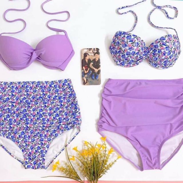 Bikini đi biển áo ốc xoắn gọng đệm dày- quần cạp cao ( tím hoa sim-hoa)