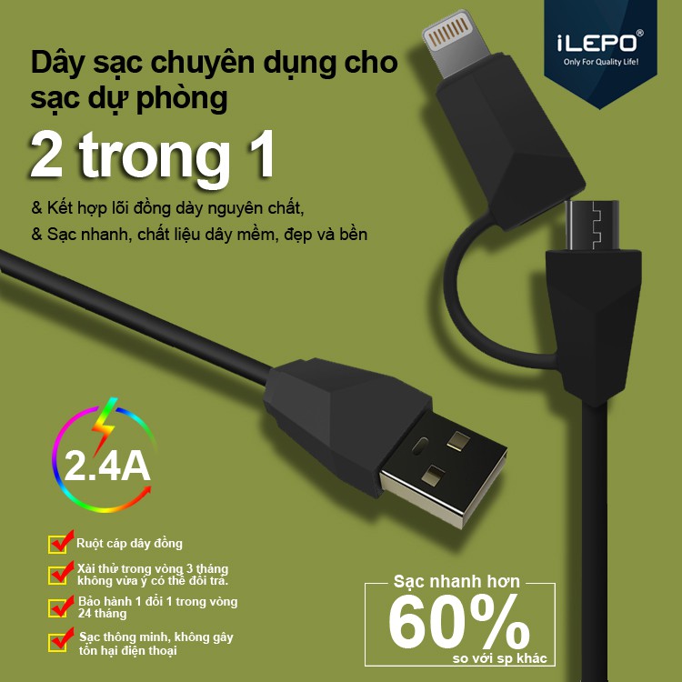 Cáp sạc nhanh 2.4A đa năng 2 in 1 dài 1M chuyên sạc các dòng điện thoại SamSung iPhone bảo hành 1 năm IL16 dây sạc