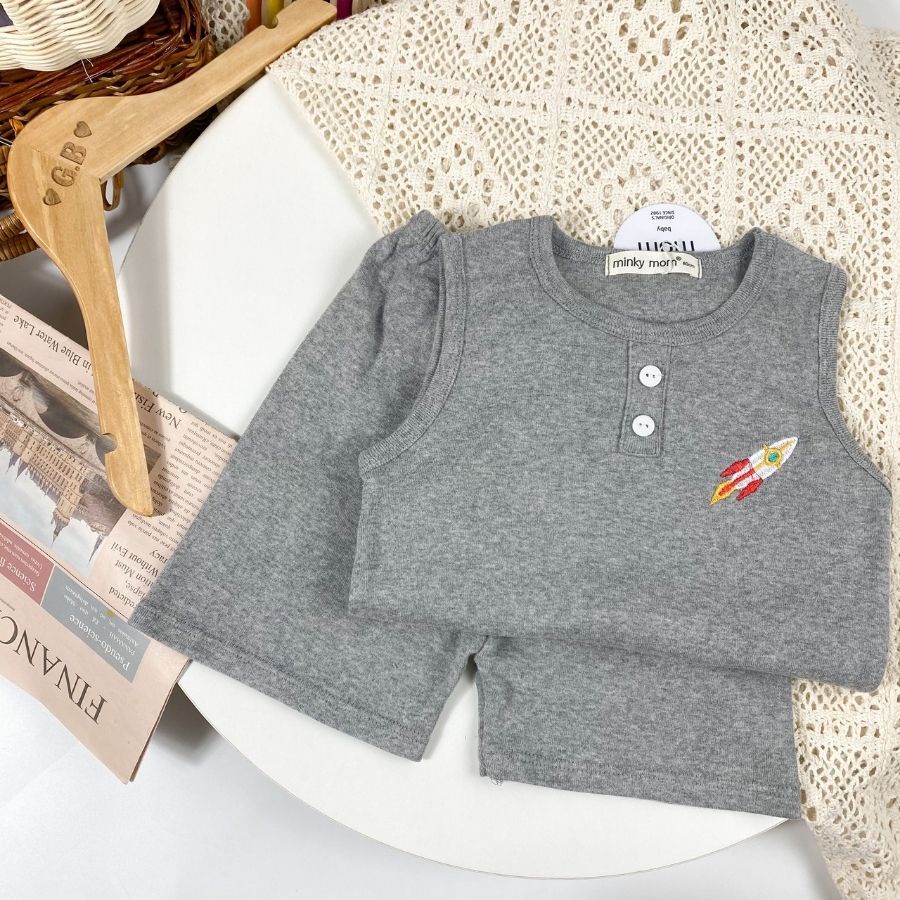 Bộ Cotton Ba Lỗ Cho Bé Trai Bé Gái 8-19kg -BL-TR04 Thêu  Ngực Chất Vải Thoáng Mát