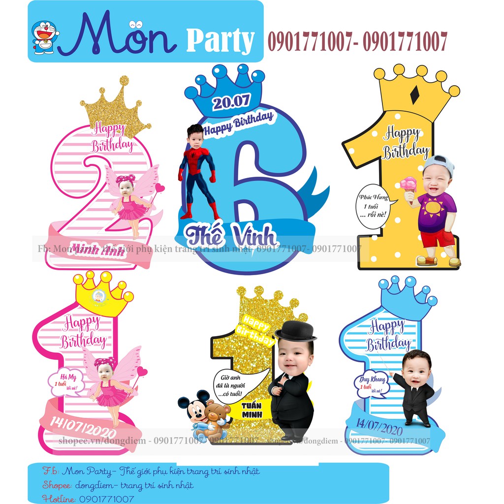 Chibi sinh nhật Mon Party (miễn phí thiết kế) Số tuổi chèn tên bé, chèn hình chibi sinh nhật cho bé cao 40cm