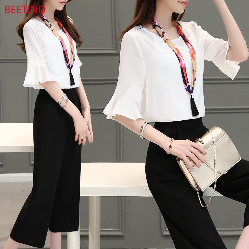 set áo voan trễ vai phối quần ống rộng thời trang dành cho nữ