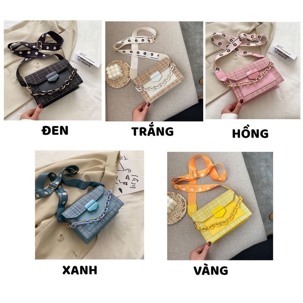 Túi Xách NữTặng QuàTúi Xách Giá Rẻ vải len phối da cao cấp kèm dây đeo chéo in hình hoa cúc trẻ trung MÃ 6067
