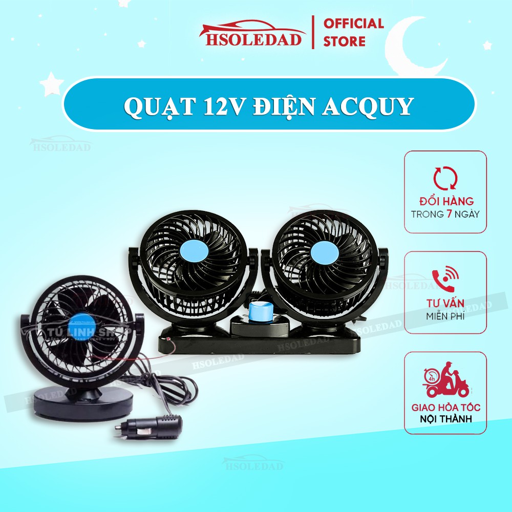 Quạt máy đôi mini 12v, 24v xoay 360 tiện ích trên ô tô, xe hơi cao cấp