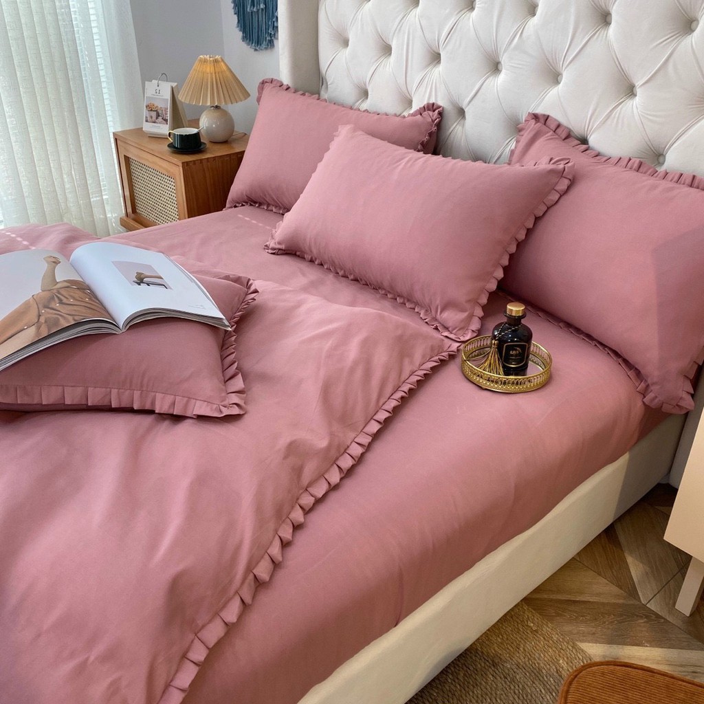 Bộ Chăn Ga Gối Cotton TICI LIDACO Bèo trơn - Hồng Phấn