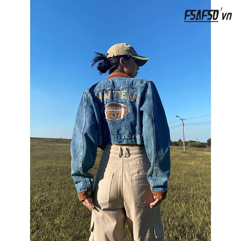 Áo Khoác Denim Tay Dài Dáng Rộng Phong Cách Thời Trang Retro Mỹ