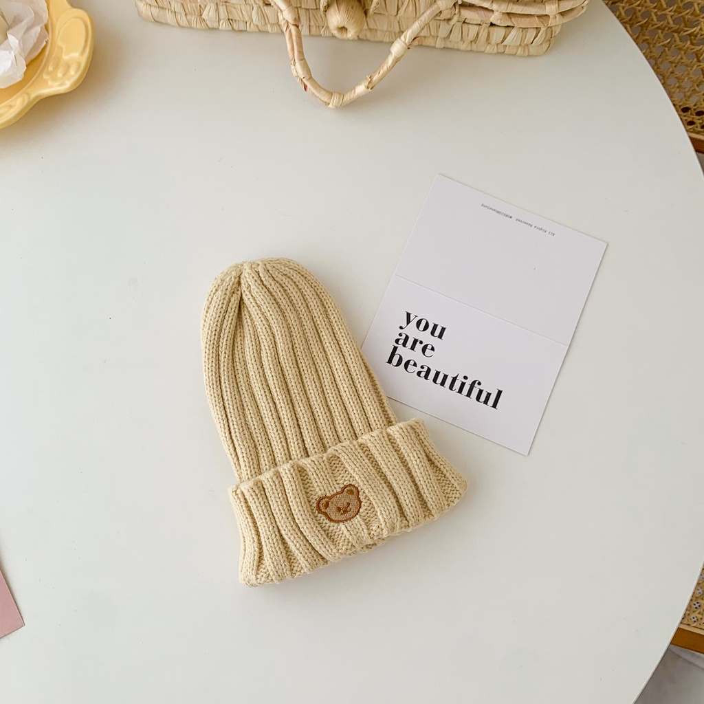 Mũ len giữ ấm thêu hình gấu màu kẹo cho bé 1-5 tuổi