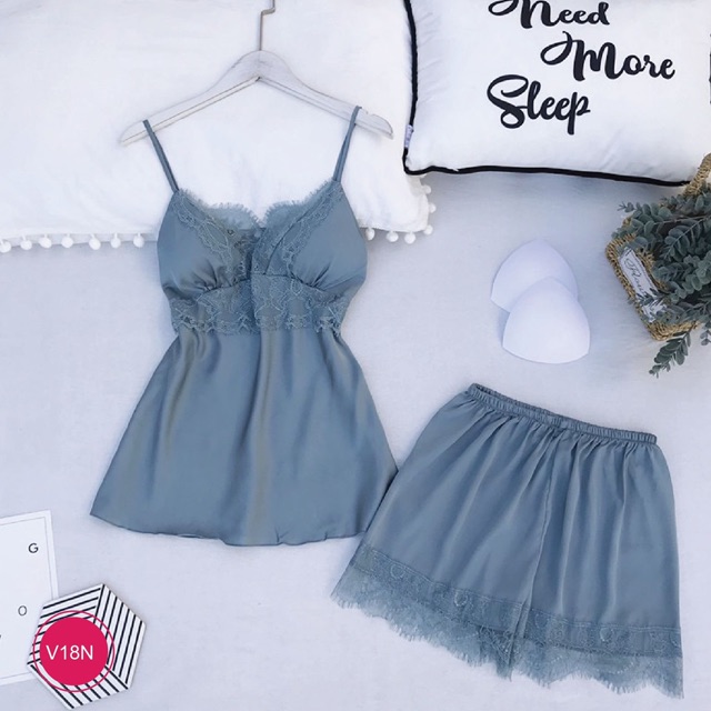 Bộ ngủ mặc nhà 2 dây chất lụa satin cao cấp V18 | BigBuy360 - bigbuy360.vn