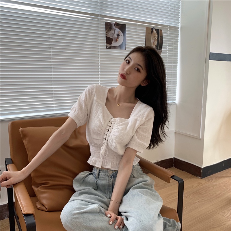 SUXI Áo Sơ Mi Tay Ngắn Cổ Vuông Màu Sắc Đơn Giản Thời Trang Mùa Hè Xinh Xắn Cho Nữ