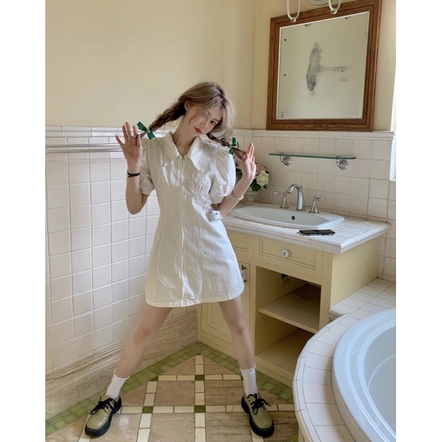 Váy sơmi tay bồng chỉ nổi phong cách trẻ trung hàn quốc