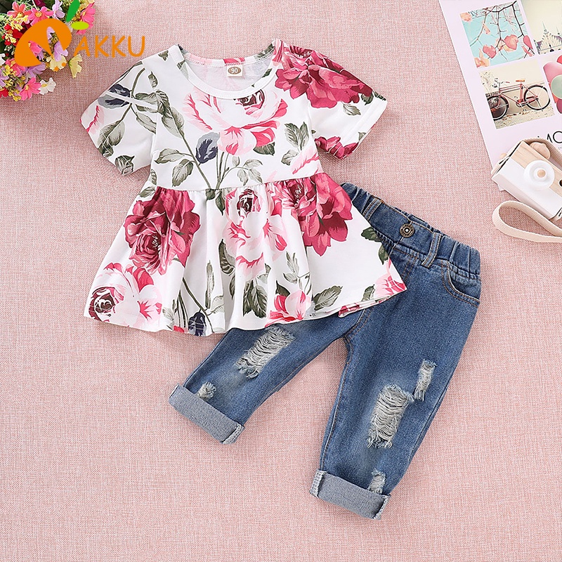 Set Áo Thun Tay Dài + Quần jeans Cho Bé Gái akku
