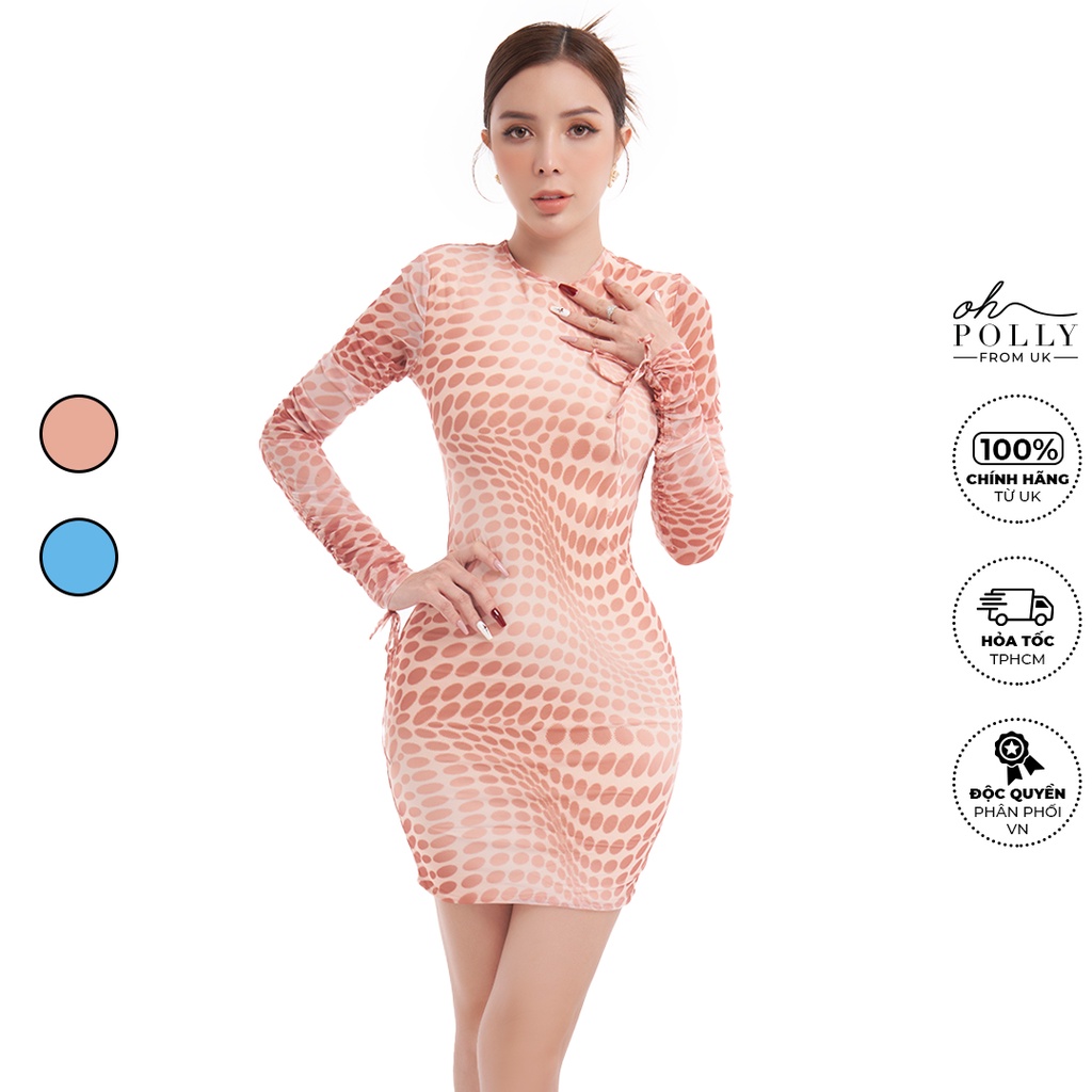Oh Polly - Đầm nữ lưới tay dài ôm body, vải phối lưới co giãn họa tiết hình khối sang trọng
