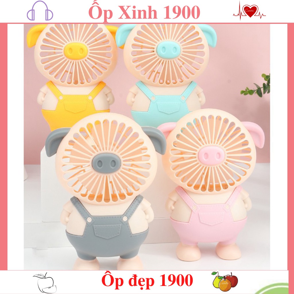 Quạt mini cầm tay 5 Cánh Hình heo - Quạt Heo - Quạt lợn tíchđiện để bàn dễ thương Full  bộ cáp sạc  + pin