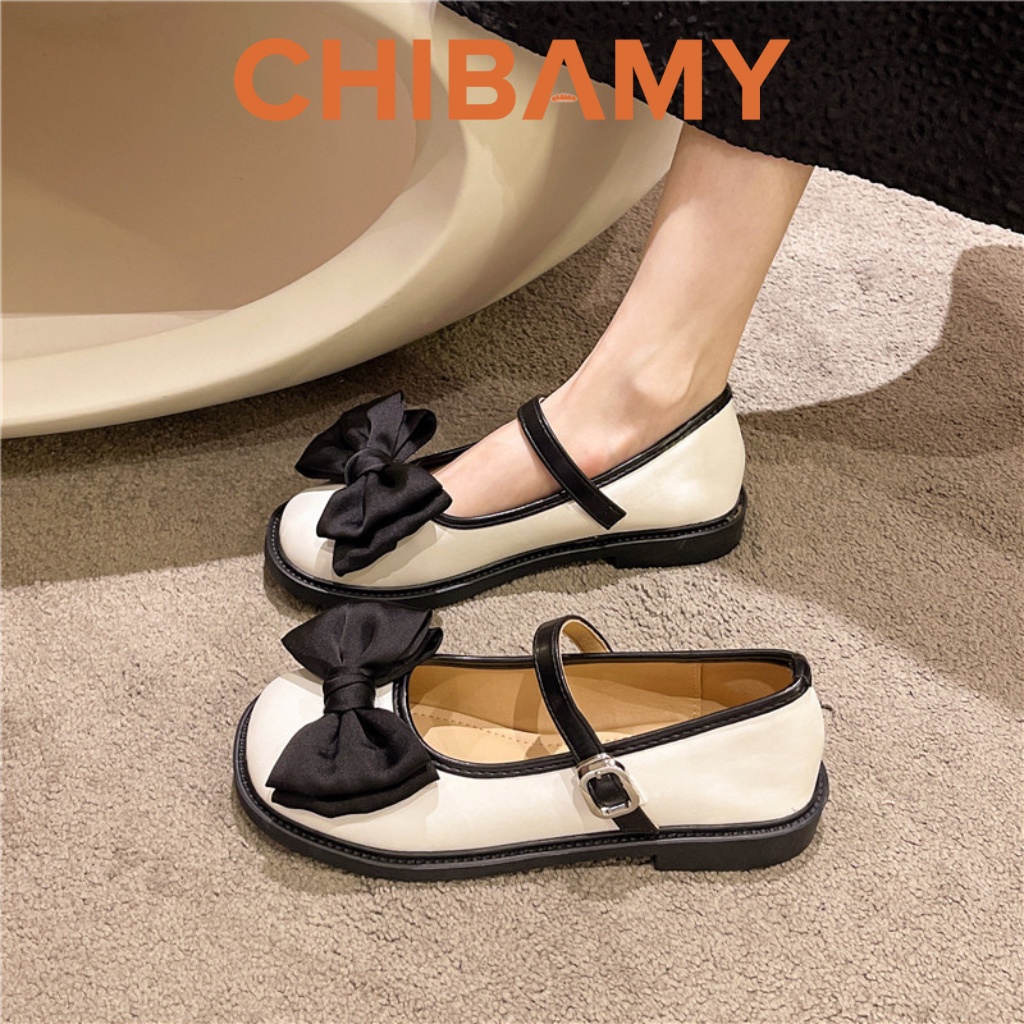 Giày búp bê nữ đính NƠ vải đế bằng 3cm, chất da mềm phong cách cổ điển