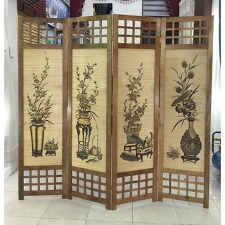 Bình phong khung gỗ tự nhiên nền mành