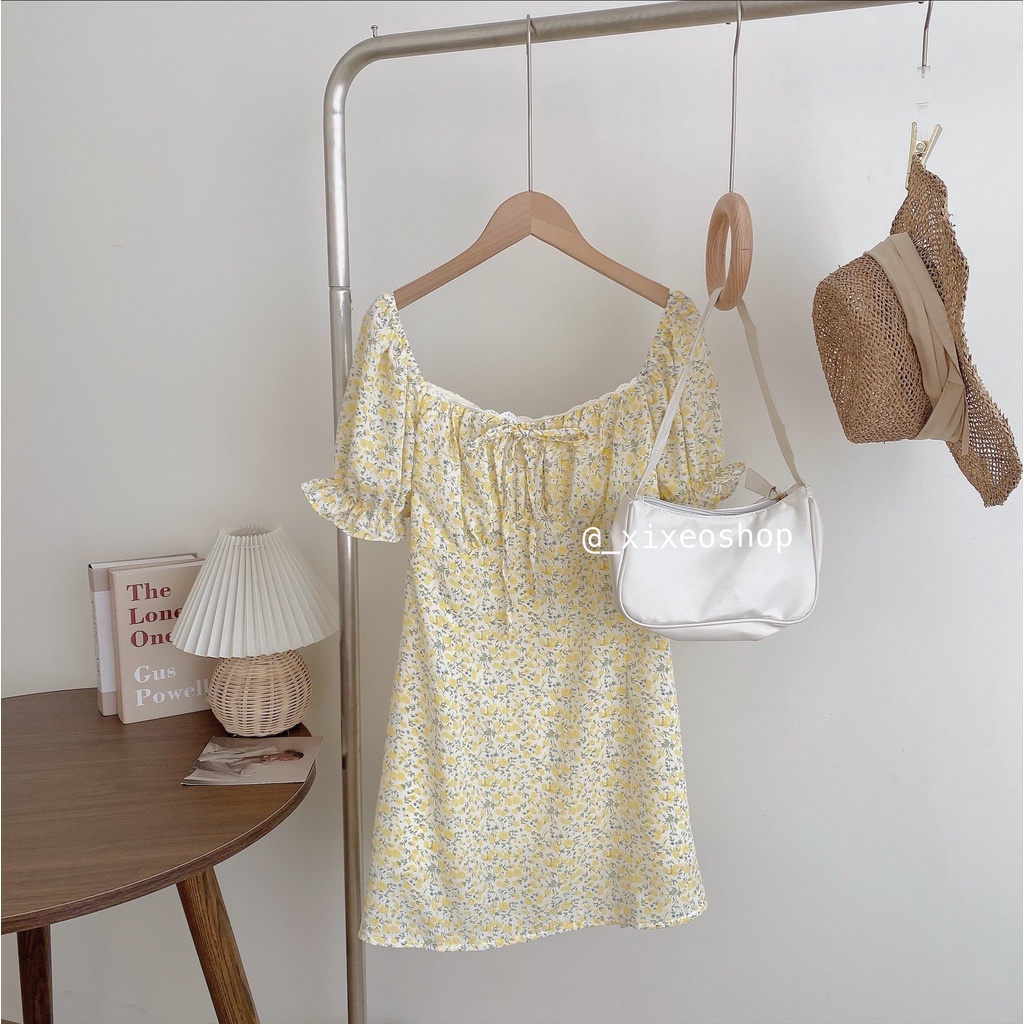 Váy hoa nhí tay bồng, đầm hoa cổ vuông dáng ngắn vinatge xixeoshop - v132