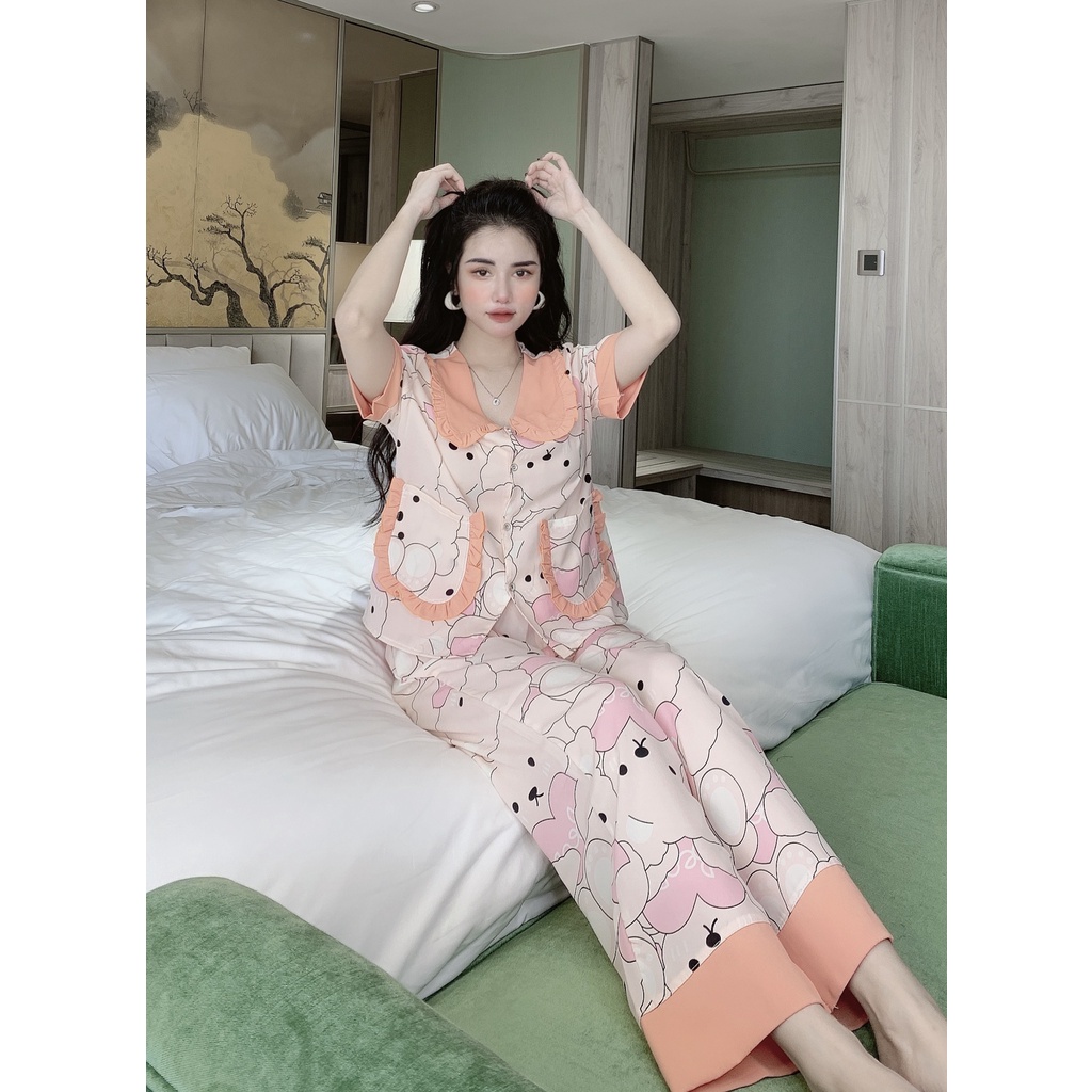 Đồ Bộ Pijama Nữ Lụa Mango Cao Cấp,Tay Cộc Quần Dài,Hàng Thiết Kế Tiểu Thơ