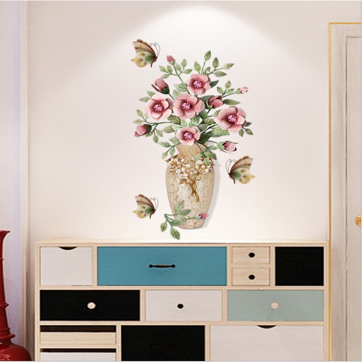 Decal trang trí tường - Chậu hoa và Hoa cổ điển hồng đậm