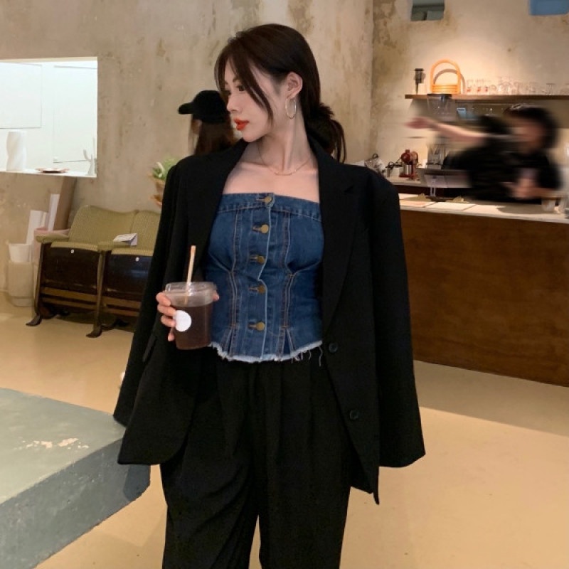 Áo Ống Ngắn Không Tay Vải Denim Thời Trang Mùa Hè Gợi Cảm Dễ Phối Đồ