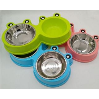 Bát ăn inox đôi hình chú ếch cho chó, mèo.