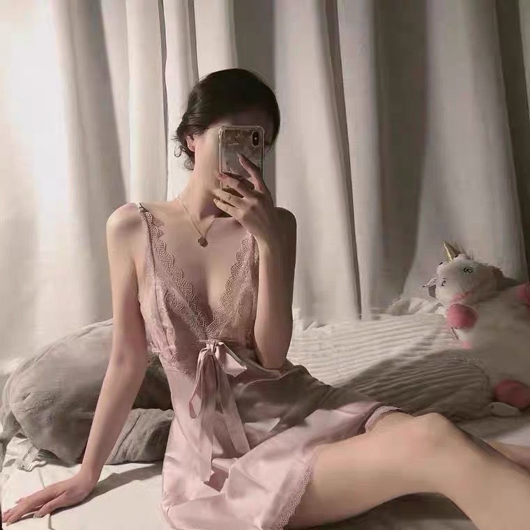 Đầm ngủ hai dây cổ chữ v phi lụa phối ren thoáng khí thời trang mùa hè quyến rũ cho nữ