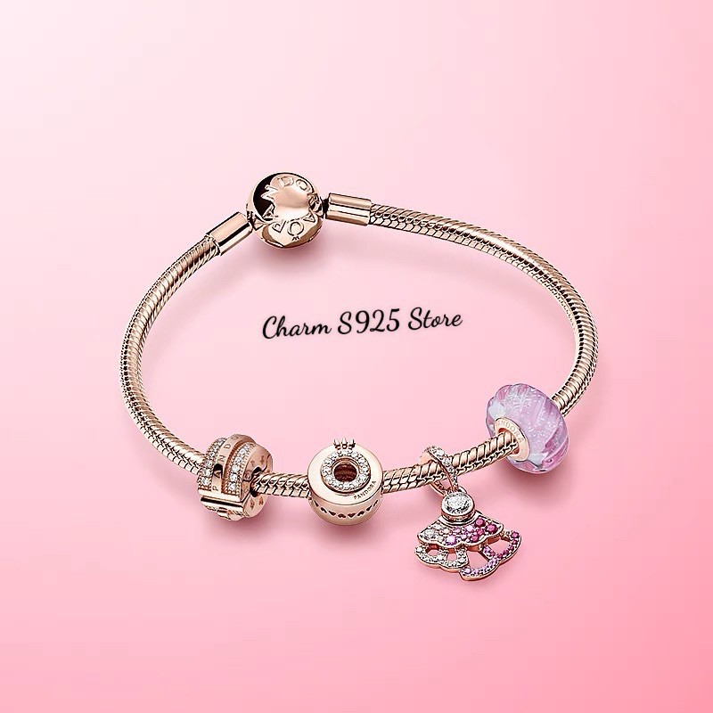 combo vòng tay mềm + 4 hạt charm pan bộ sưu tập quạt vàng hồng s925 cao cấp