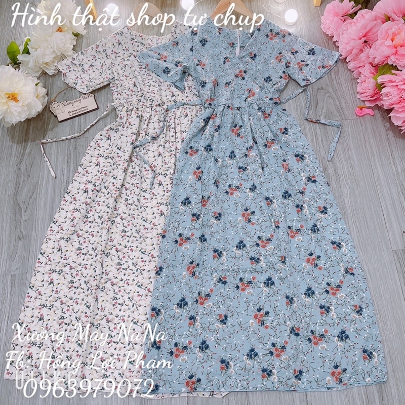 Maxi dài hoa nhí cổ đắp chéo