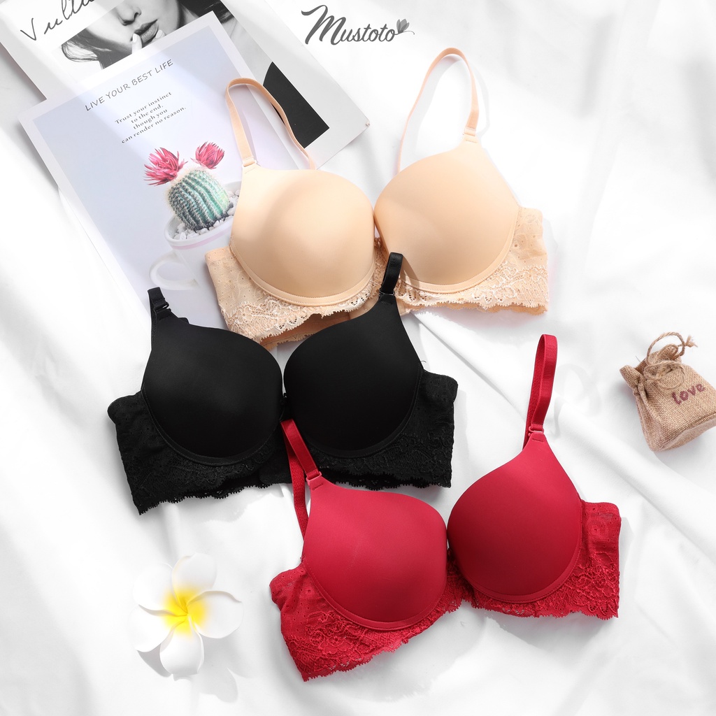 Áo Lót Nữ Siêu Nâng Ngực Mút Dày 5cm Trơn Phối Ren Bra Lily (Mustoto MA16)