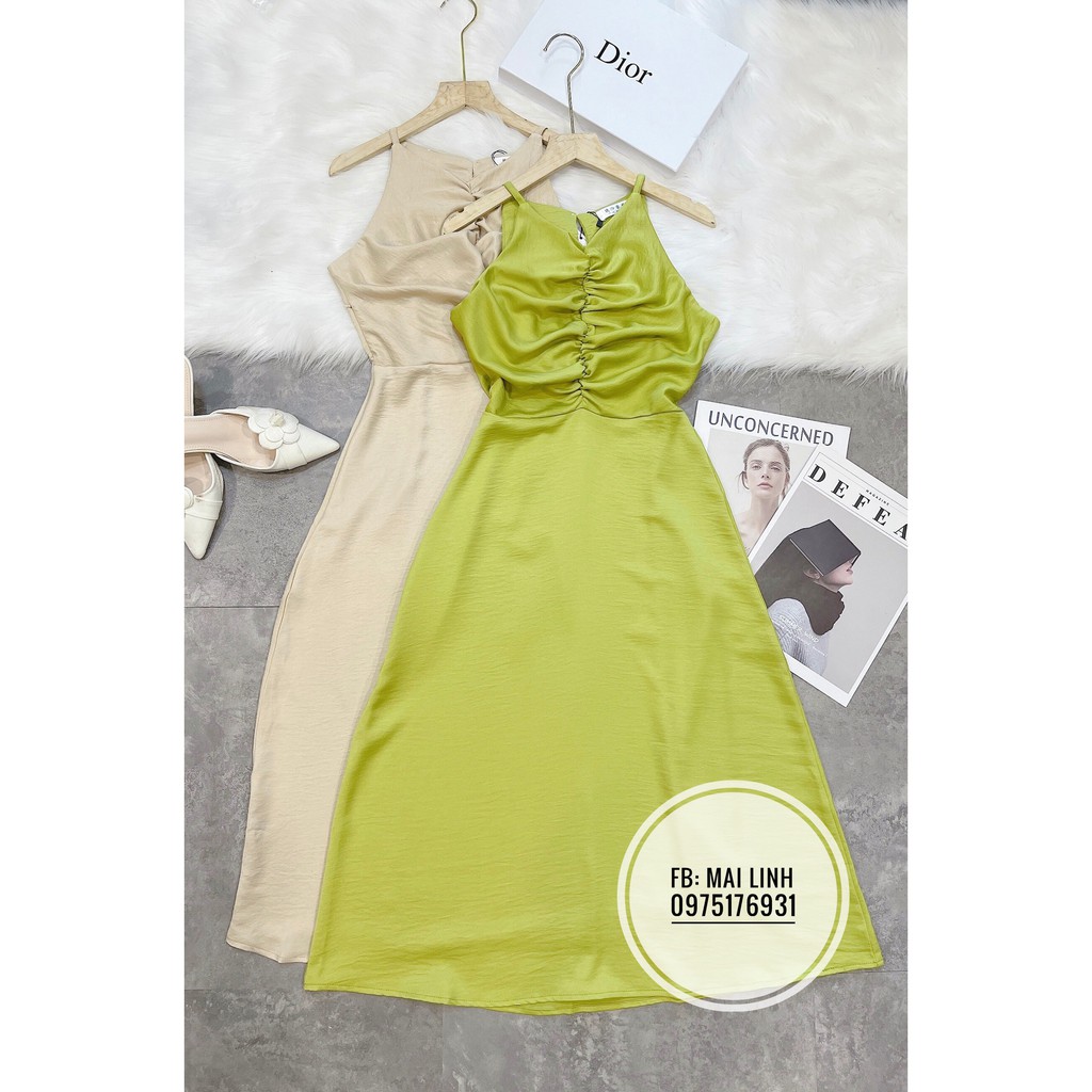 ⚡ Đầm xòe cổ yếm 2 màu xanh và be | BigBuy360 - bigbuy360.vn