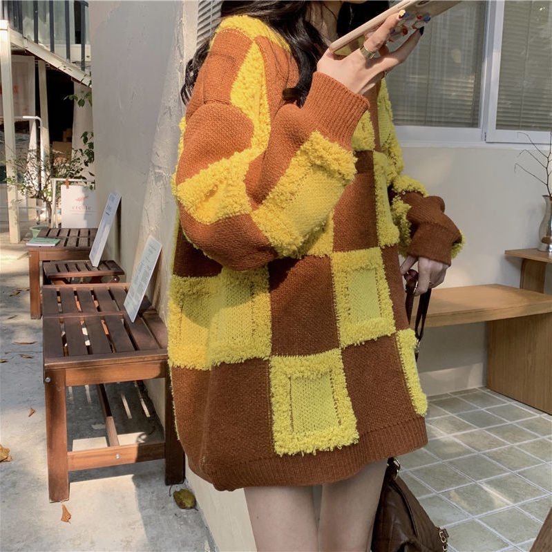 Áo Khoác Len Họa Tiết Ca Rô Phong Cách Hàn Quốc Thời Trang Dành Cho Nữ