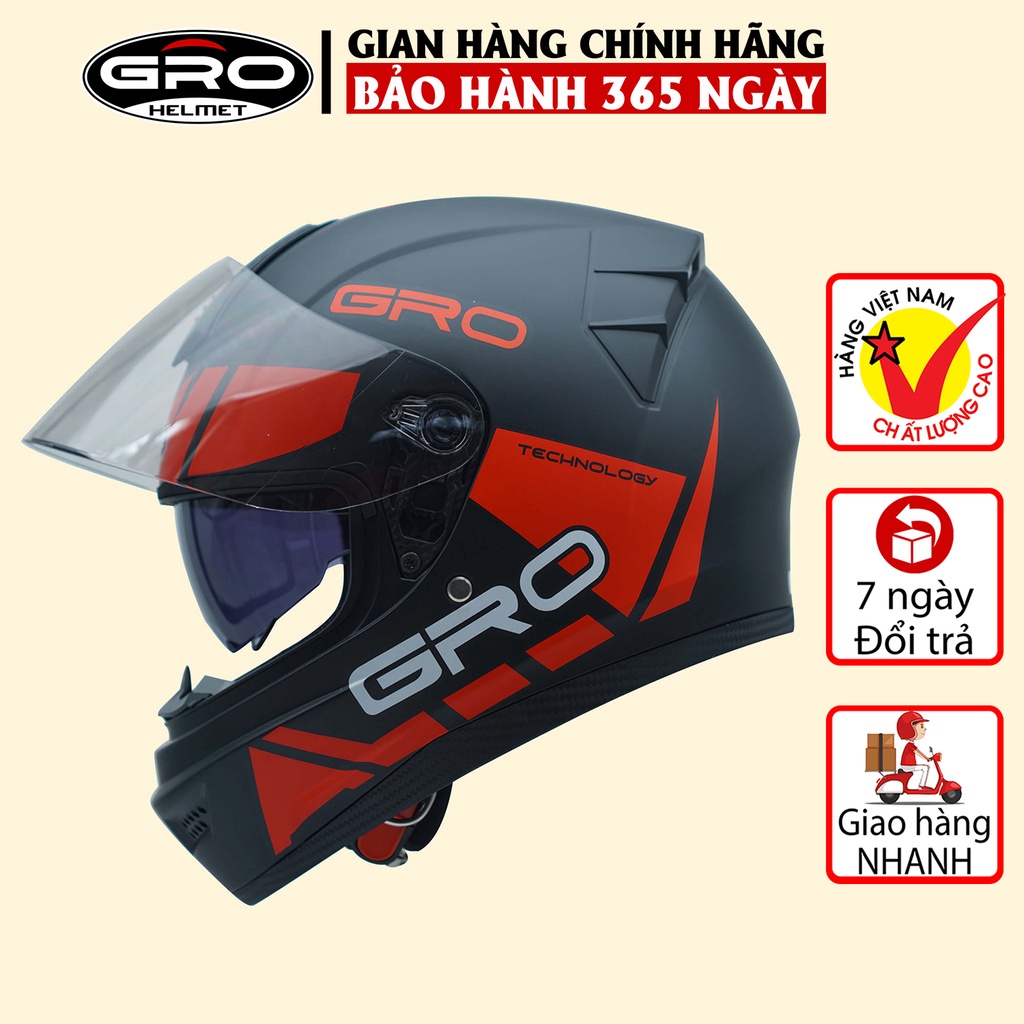 Mũ Bảo Hiểm Fullface Gro có kính chính hãng, thiết kế 2 kính, kiểu dáng mạnh mẽ cho nam - Nhiều màu