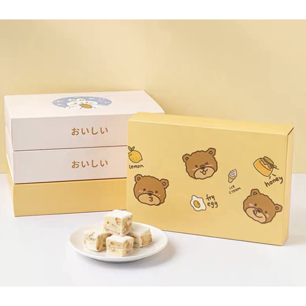 Hộp giấy 6 ngăn đựng bánh quy, kẹo nougat 26*18*5.5cm - Thỏ Trắng/ Gấu Nâu