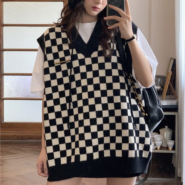 Áo len gile kẻ caro [SẴN ĐEN] | BigBuy360 - bigbuy360.vn