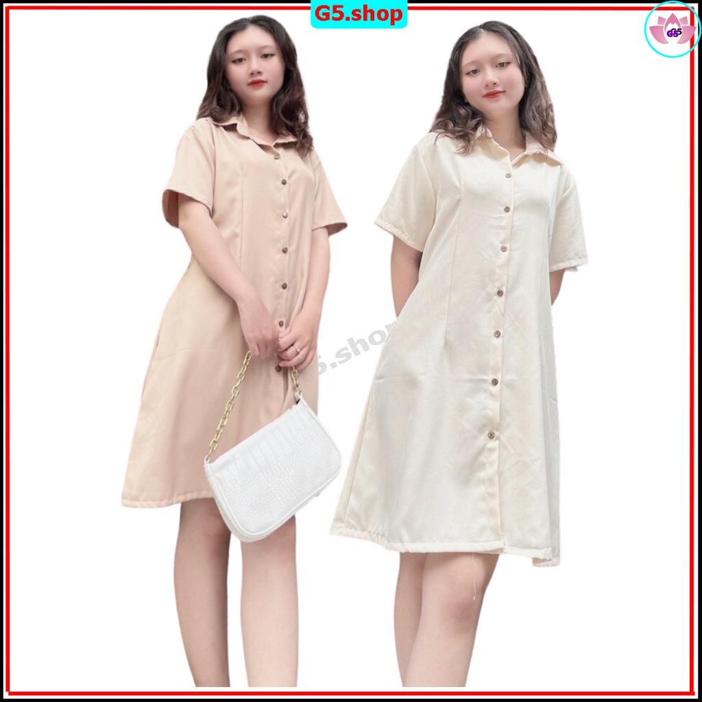 Đầm váy nữ basic fashion cổ sơ mi cài cúc chiết eo lưng chun, váy nữ cộc tay nhiều màu ĐEN TRẮNG KEM NÂU G5