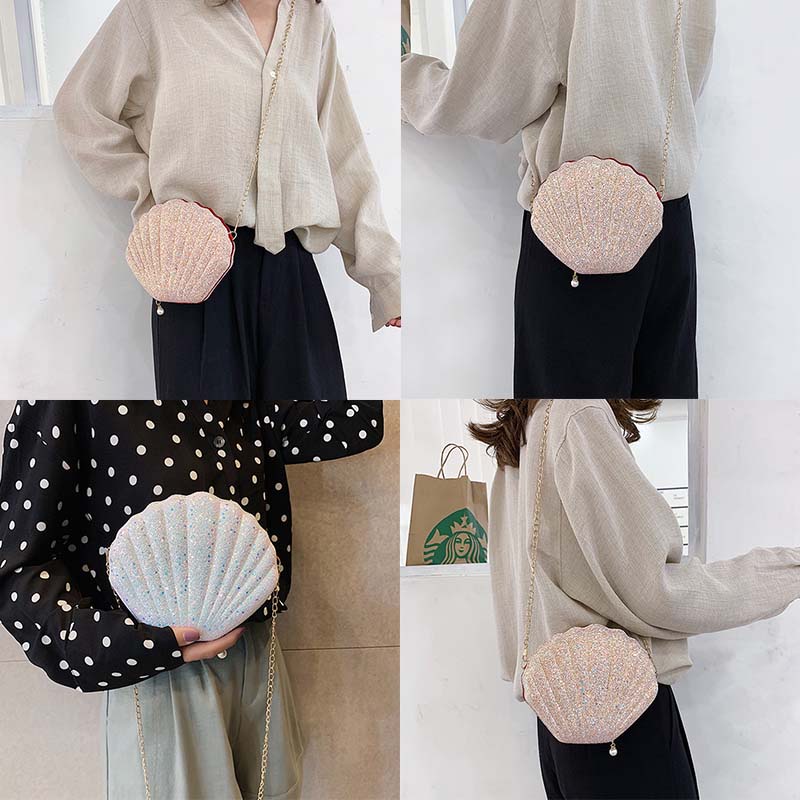 Túi Đeo Chéo Hình Vỏ Sò Đính Kim Sa Dễ Thương Thời Trang Cho Nữ