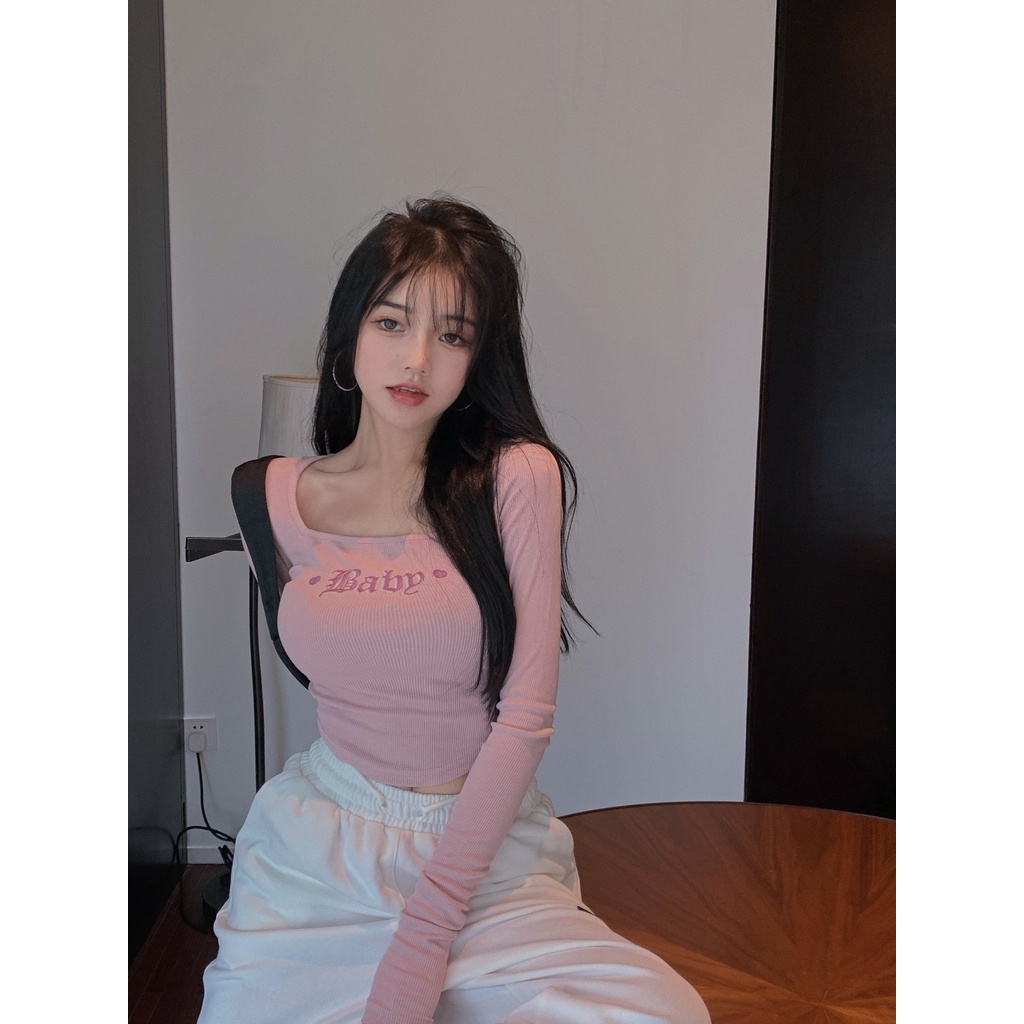 Áo thun tay dài cổ vuông dáng ôm thiết kế độc đáo thời trang cho nữ