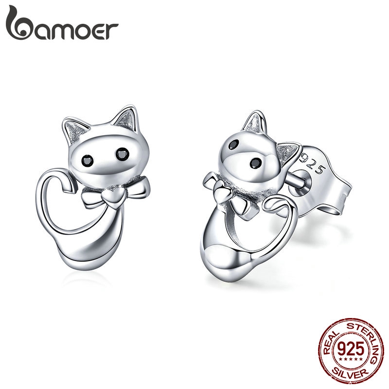 Bông Tai Bamoer Dạng Xỏ Lỗ Bằng Bạc Sterling 925 Hình Con Mèo Độc Đáo Cho Nữ