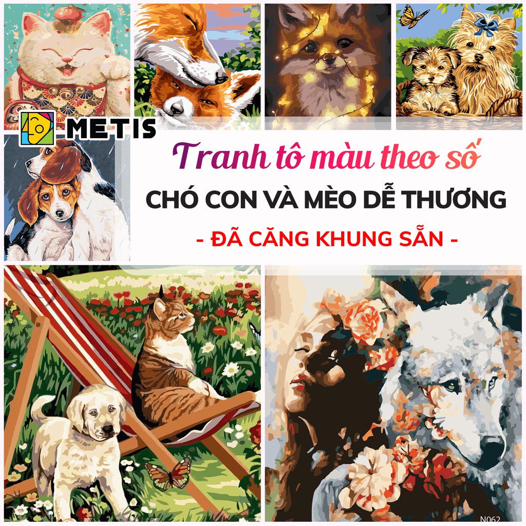 Tranh Tô Màu Theo Số Siêu Tổng Hợp Chó Con và Mèo Dễ Thương Tranh Sơn Dầu Số Hoá Trang trí METIS - Đã Căng Khung