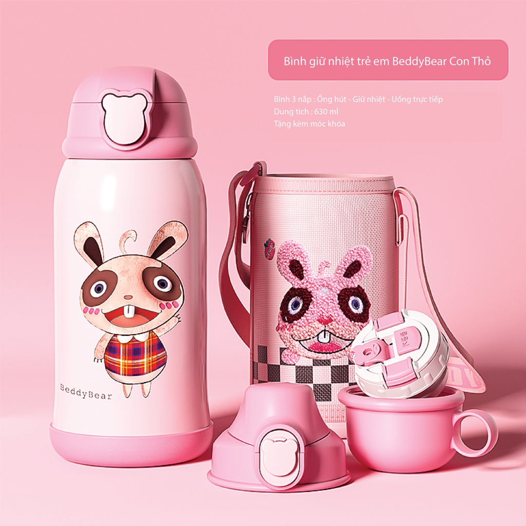 Bình giữ nhiệt Beddybear - 3 Nắp thay thế - Thỏ - 630ml - Tặng kèm móc khóa - RT104-630-THO . Bảo hành 1 năm Beddy Bear